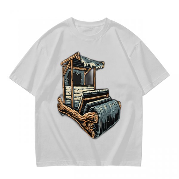 Olive T-Shirt With Rustic Wooden Cart Print