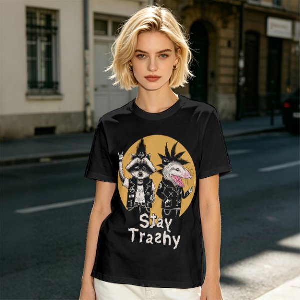 Olive graphic tee with punk raccoon and opossum 'Stay Trashy' print