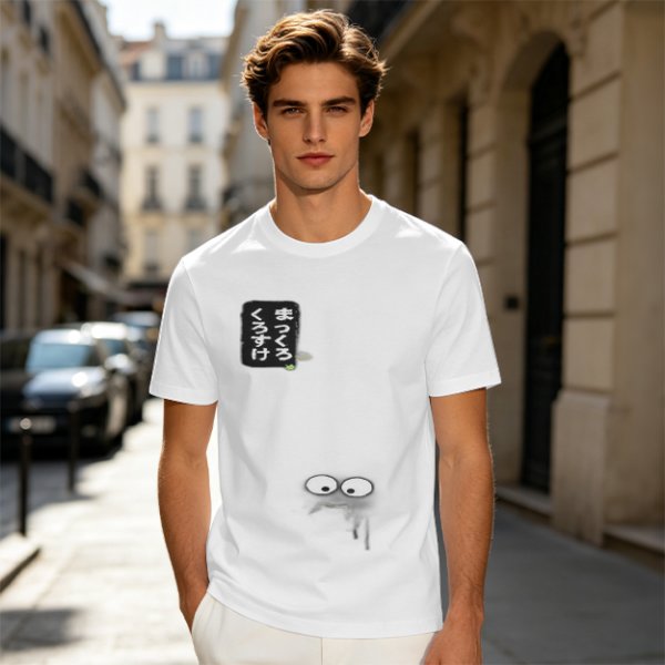 Olive green graphic t-shirt with cute eye design and Japanese text print