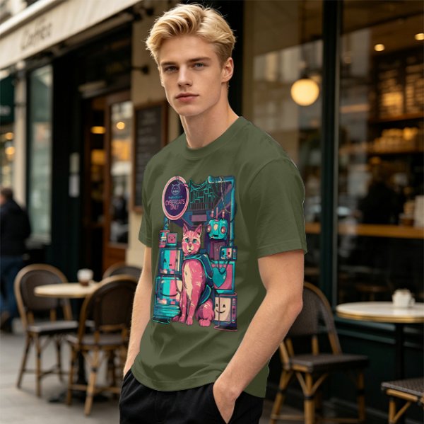 Olive T-Shirt with Cyberpunk Pink Cat and Robotic Tech Print