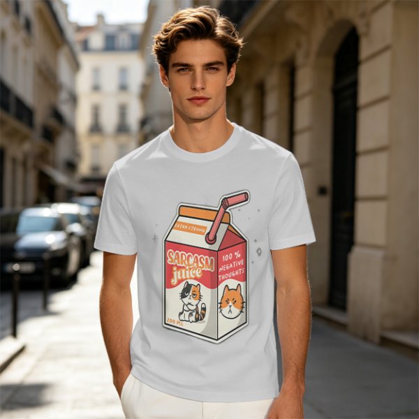 Olive green t-shirt with sarcasm juice carton and grumpy cat print