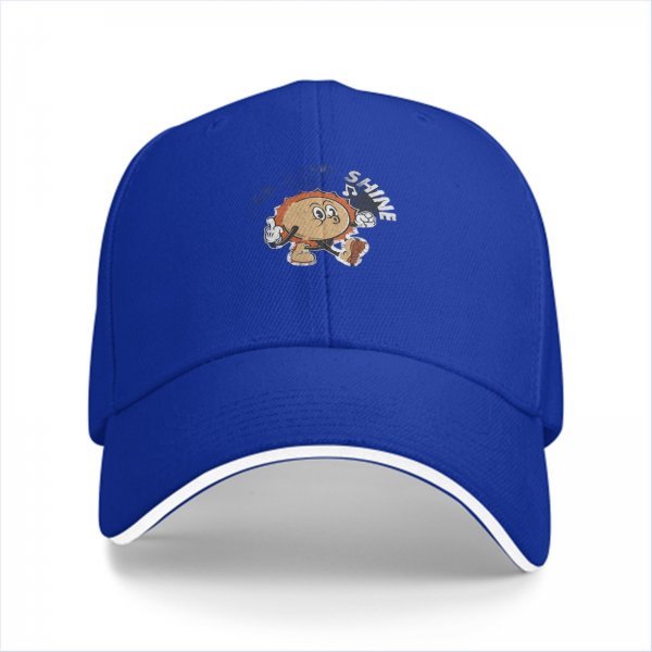 Black baseball cap with retro sun character and 'SHINE' graphic
