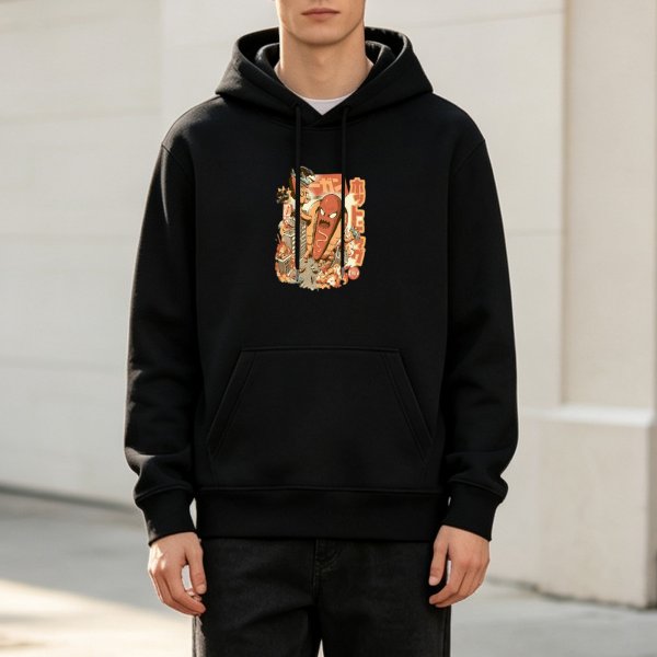 Black Hoodie with Retro Kaiju Monster City Destruction Art