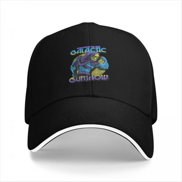 Black baseball cap with Galactic Gunshow skeleton graphic print