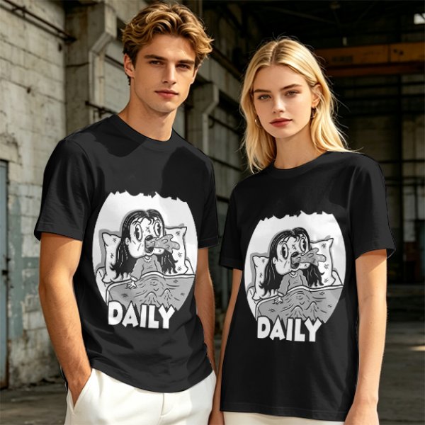 Olive green graphic t-shirt with bedridden cartoon girl and 'DAILY' text