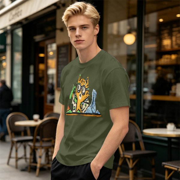 Olive T-Shirt With Mad Scientist Cat Chemistry Lab Print