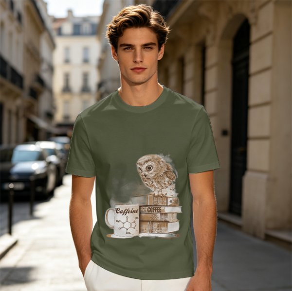 Owl on coffee books and caffeine mug graphic t-shirt
