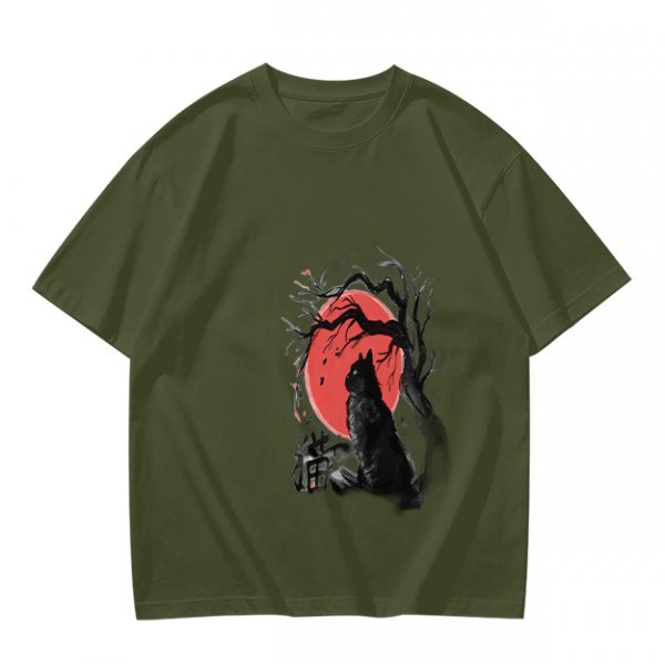Olive T-Shirt with Black Cat and Red Moon Gothic Art Print