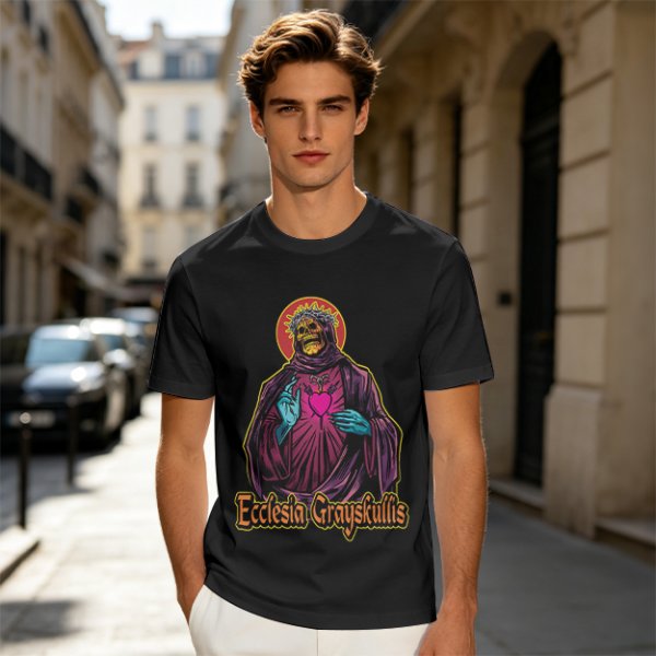 Olive t-shirt with skeleton religious graphic and Ecclesia Grayskullis text