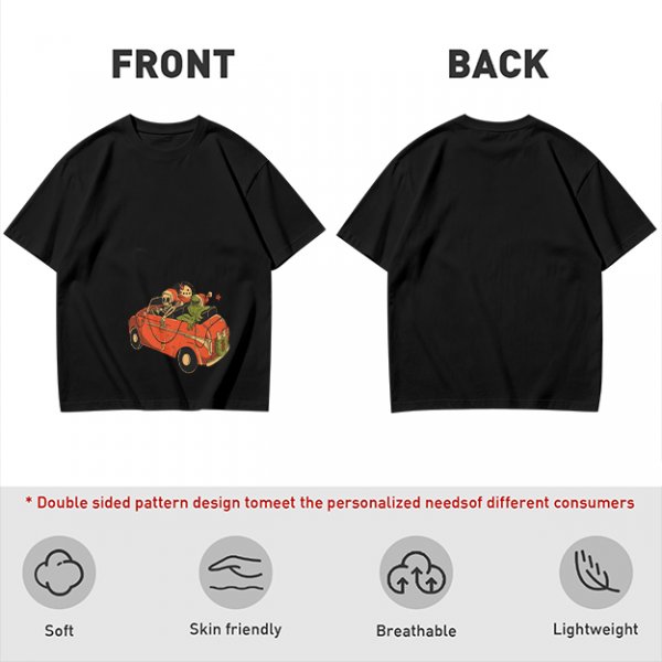 Olive T-Shirt with Skeleton and Friends in Christmas Car Print