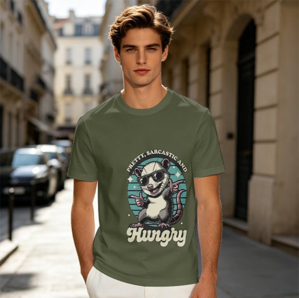 Olive graphic tee with sarcastic hungry opossum in sunglasses
