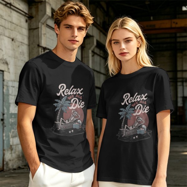 Olive graphic t-shirt with skeleton relaxing on coffin and 'Relax We All Die' text