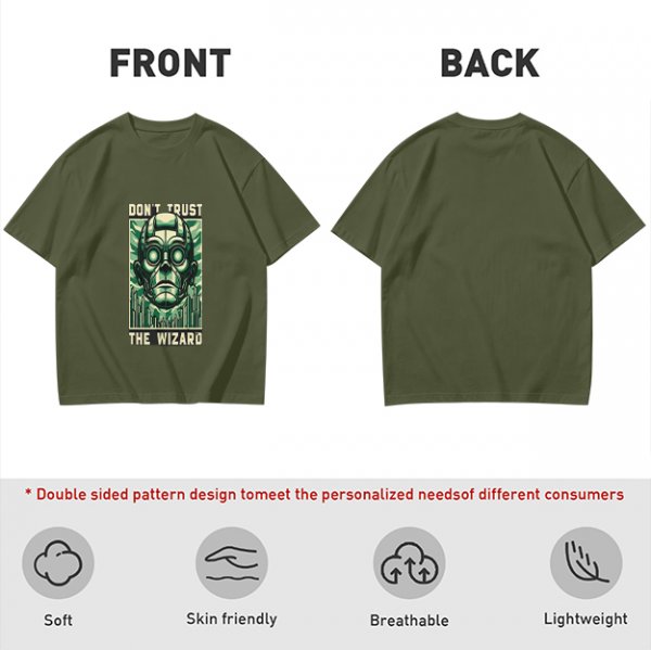 Olive green t-shirt with 'Don't Trust The Wizard' robot graphic print