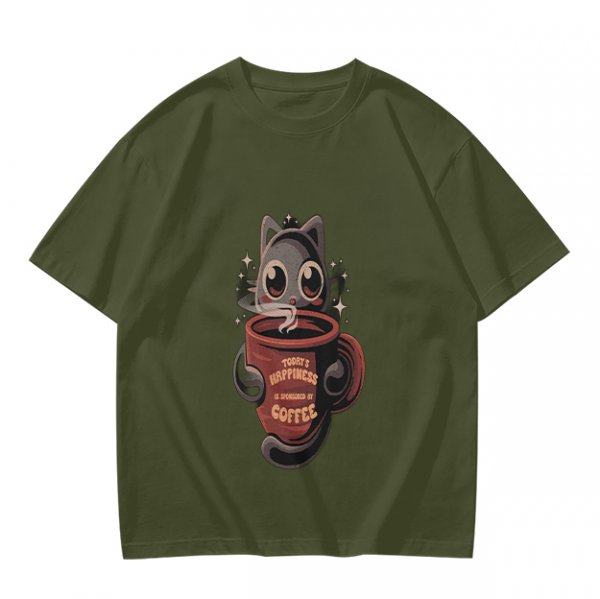 Olive t-shirt with a cartoon cat and coffee cup graphic