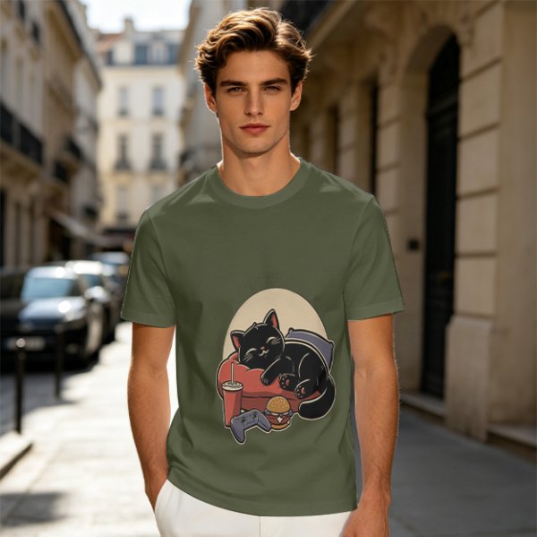 Olive T-Shirt with Relaxed Black Cat Gaming Snack Print