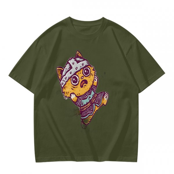 Olive T-Shirt With Scared Viking Cat Graphic Print