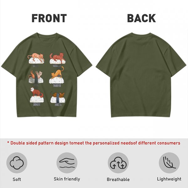 Olive green t-shirt with sushi cat illustrations