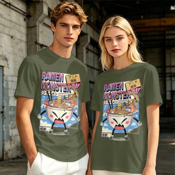 Olive green t-shirt with ramen monster anime graphic print