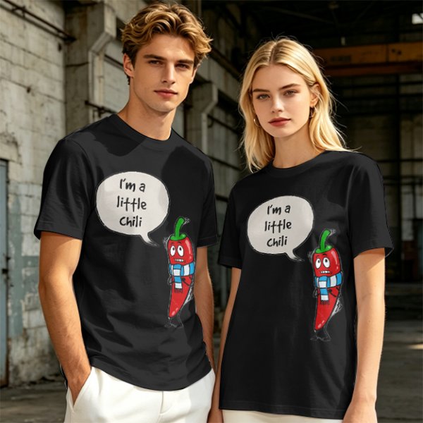 Olive green t-shirt with funny 'I'm a little chili' cartoon chili print