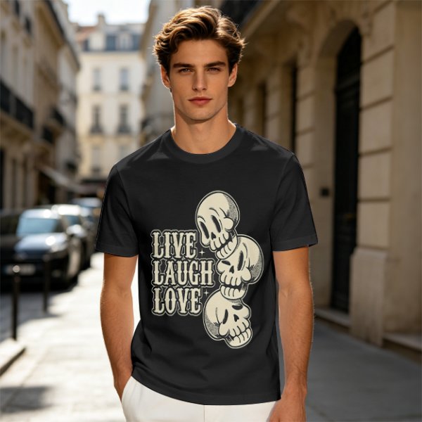 Olive Graphic T-Shirt with Live Laugh Love and Stacked Skulls