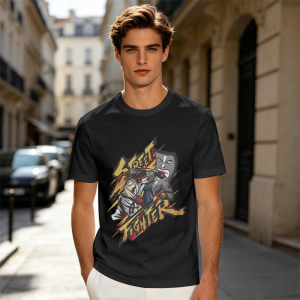 Olive Street Fighter Graphic T-Shirt with Fighting Character Art