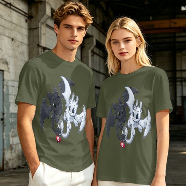 Olive T-Shirt Featuring Toothless and Light Fury Dragons