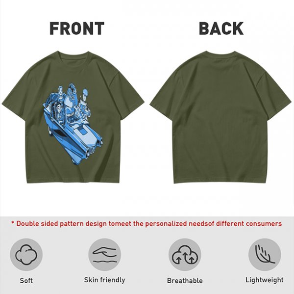 Olive T-shirt with retro blue cartoon car and characters graphic
