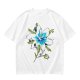 Olive Green T-Shirt with Watercolor Blue Lily Flower Print