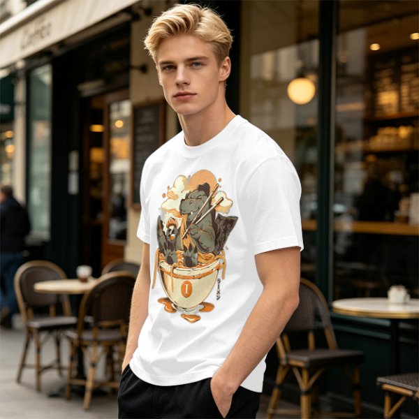 Olive T-Shirt Featuring Godzilla Eating Ramen Noodles