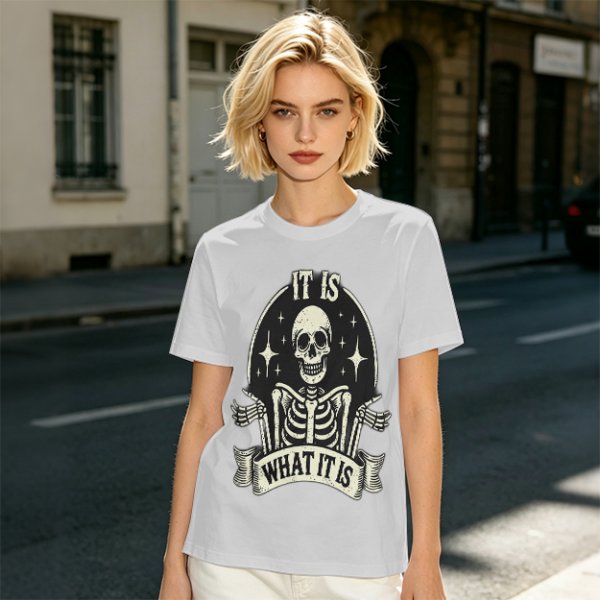 Olive t-shirt with skeleton graphic and 'It Is What It Is' text