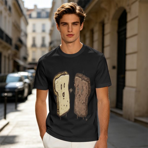 Olive T-Shirt With Surprised Light And Sad Burnt Bread Slices Graphic