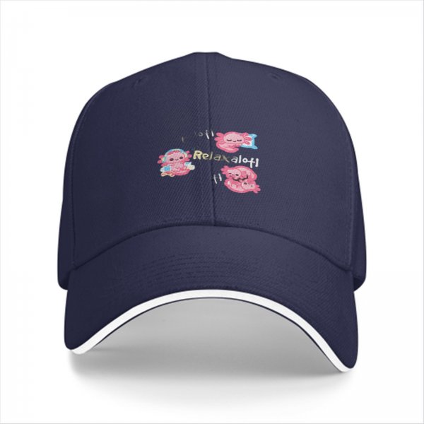 Black baseball cap with cute axolotl 'Relaxalofi' graphic design