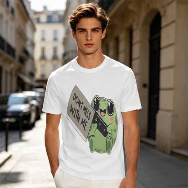 Olive t-shirt with cute frog holding knife and 'Don't mess with me' text