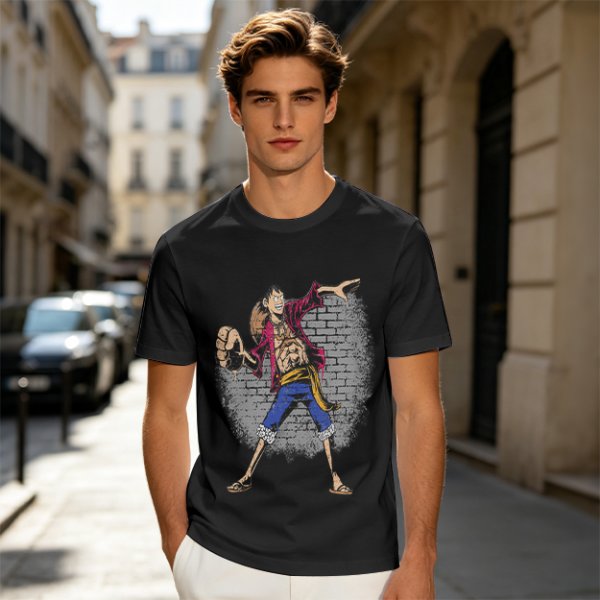 Olive T-Shirt with Monkey D Luffy Breaking Through Brick Wall Art