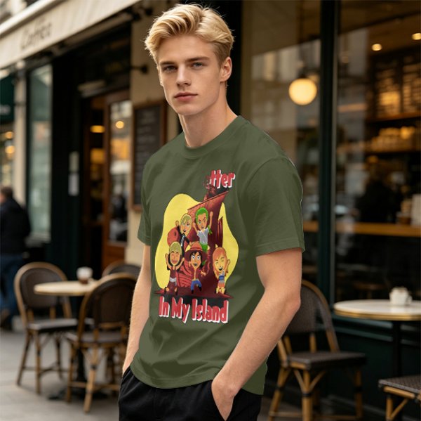 Olive T-Shirt With One Piece Anime Crew 'In My Island' Print