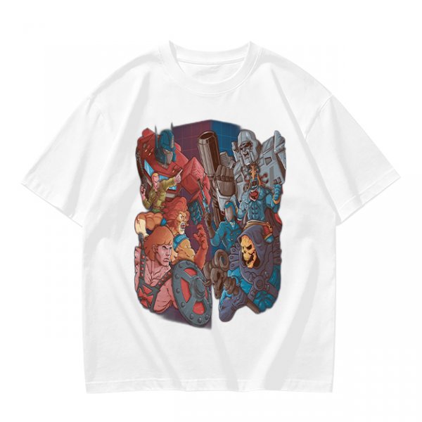 Olive T-shirt with 80s cartoon character crossover graphic