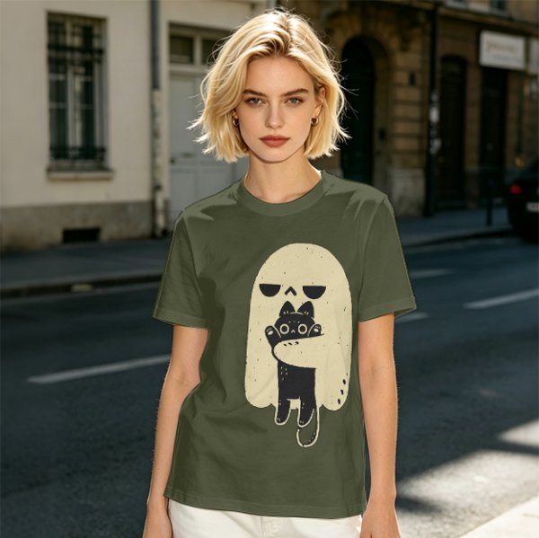 Olive T-Shirt With Ghost Holding Black Cat Graphic