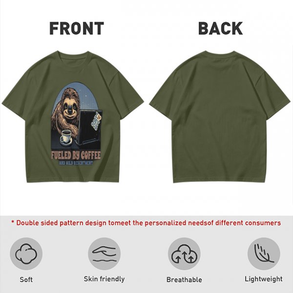 Sloth working on laptop with coffee fueled by coffee and mild resentment t-shirt