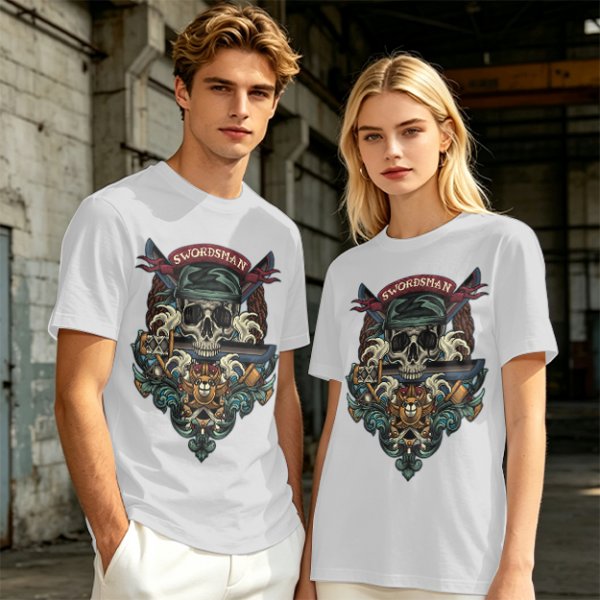 Olive Green Swordsman Skull Graphic Short Sleeve T-Shirt