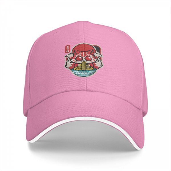Black baseball cap with cute kitsune fox eating ramen graphic