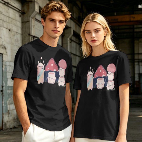 Olive Green T-Shirt With Cute Mushroom Creature Graphic