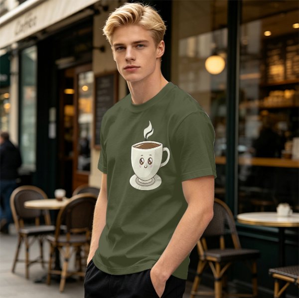 Olive Green T-Shirt With Cute Smiling Steaming Coffee Cup Print