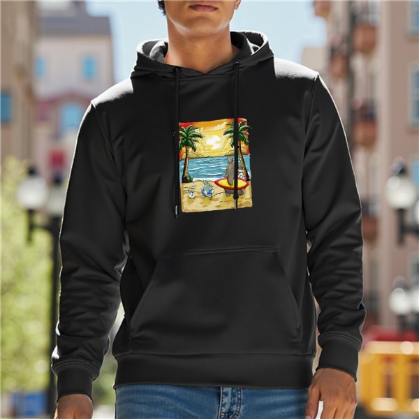 Black Hoodie with Beach Sunset Surfing Animal Graphic Print