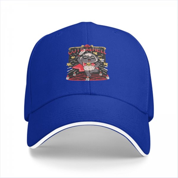 Black baseball cap with cute lamb holding sword 'Cute As Hell' graphic