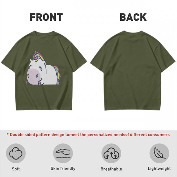 Olive Green T-Shirt With Crying Chubby Unicorn Rainbow Print