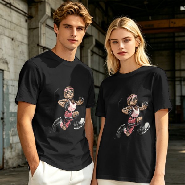 Olive T-Shirt with Cartoon Sloth Running Athlete Graphic