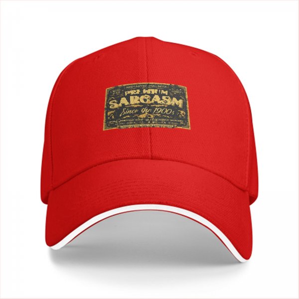 Black baseball cap with 'Sarcasm Since the 1900s' gold graphic