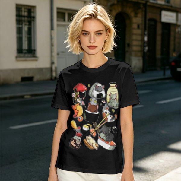 Olive T-Shirt With Cute Sushi Cat Illustrations
