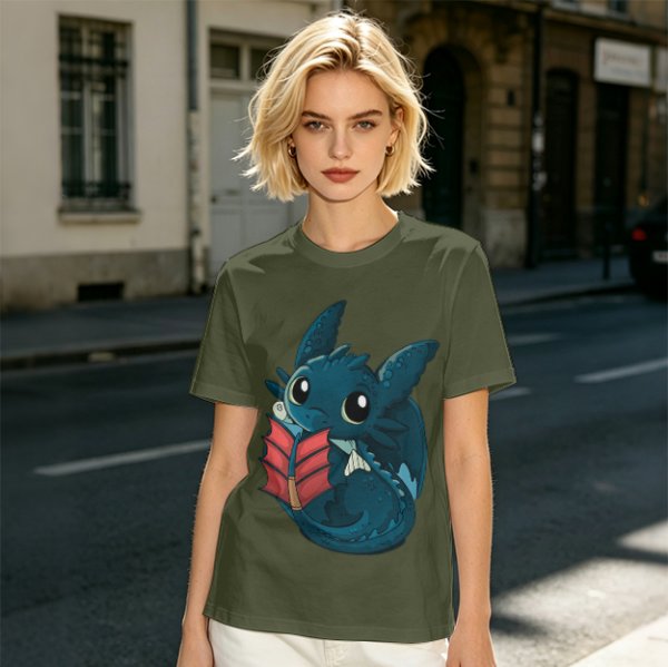 Olive T-Shirt With Cute Baby Dragon Reading Book Print