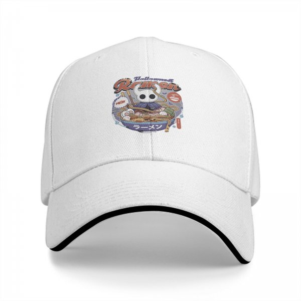 Black baseball cap with Hollow Knight ramen graphic print
